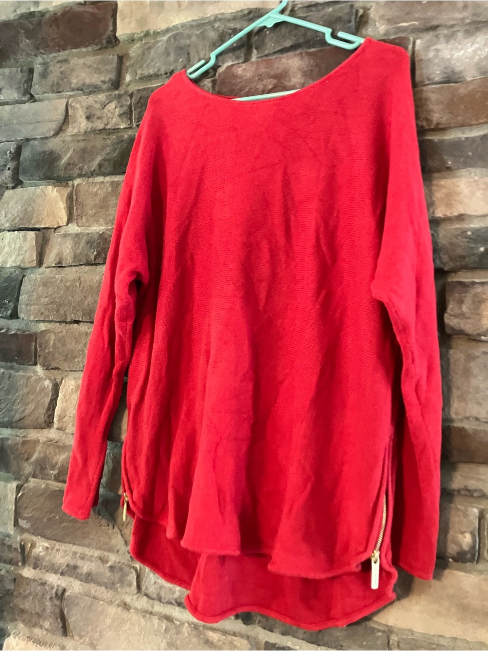 Michael Kors Cozy Red Long-Sleeve Knit Top with Side Zippers